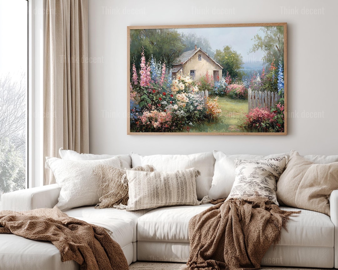 Cottage Garden Oil Painting Printable, Floral Country House Wall Art ...