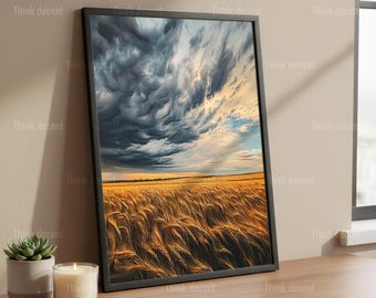 Cuadro decorativo de campo de trigo tormentoso, lámina de nube de tormenta oscura, póster de cielo dorado dramático, decoración de paisaje melancólico, arte de campo de tormenta, lámina decorativa de campo de cultivo