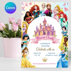 Bewerkbare uitnodiging voor Disney-prinses, prinses verjaardagsuitnodiging, verjaardag fee, uitnodigingskaart meisje prinses feest, Barbie-uitnodiging