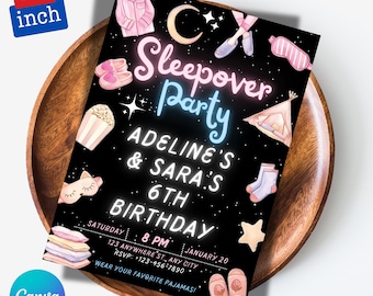 Sleepover Birthday Invitation, Printable Sleepover Invite, Slumber Party, Pajama Party, Retro Neon Light Editable Template, Instant Download