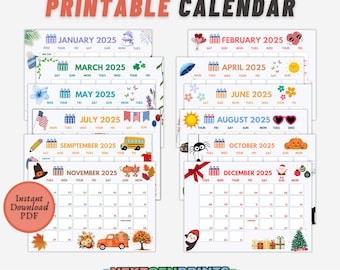 Pode incluir: Um calendário imprimível de 2025 com fundo branco, apresentando cada mês com ilustrações decorativas. O calendário inclui o texto "2025 Printable Calendar" no topo e "Instant Download PDF" num círculo. O texto inferior diz "Printable Yearly Calendar 2025 (Editbale Version Included)".