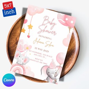 Editable Girl Elephant Baby Shower Invitation, Rose Hot Pink Baby Elephant Invite Gold Glitter a Sweet Little Girl Elephant Baby Shower