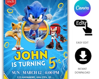 Sonic 3 Birthday Invitation, Super Hedgehog Boys Party Invite, Super Sonic Party Invitation, Editable Sonic Invite Template, Canva Template