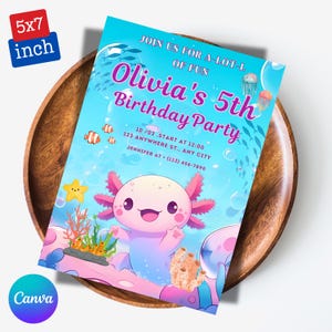 Axolotl Birthday Invitation, Pink Girl Axolotls Invite, Editable Axolotl Birthday Invitation Template, Printable Axolotls Party Invite