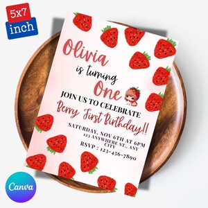 Editable Berry First Strawberry Birthday Invitation, Red Strawberry Birthday Invite, Berry Sweet Birthday Invitation Template, Canva Invite