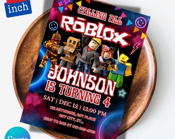 Roblox Invitation, Roblox Invite, Game Party, Roblox Boys Birthday Invitation Template, Game Birthday, Kids Roblox, Editable Template, Canva