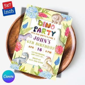May include: A 5x7 inch Dino Party invitation with a yellow background, featuring dinosaur illustrations and floral accents. The invitation includes the text "Dino Party," "John's 6th Birthday," date, time, and RSVP information.