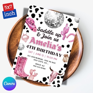 First Rodeo Birthday Invitation, Editable My 1st Rodeo Girl Cowgirl Invites, First Rodeo Invite, 5x7 Canva, Cowgirl Invitations, Disco