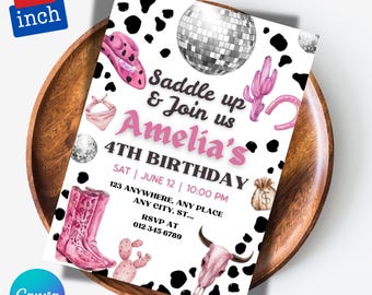 First Rodeo Birthday Invitation, Editable My 1st Rodeo Girl Cowgirl Invites, First Rodeo Invite, 5x7 Canva, Cowgirl Invitations, Disco