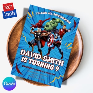 Editable Superheroes Birthday Invitation Template, Spider-Man Iron Man Birthday Invite, Avengers Party Editable Template, Canva Template