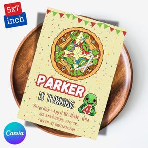 Convite de Aniversário das Tartarugas Ninja – Modelo Canva Editável para uma Festa Divertida das Tartarugas Ninja. Cartão de Convite Digital ou Imprimível, Pizza Party