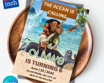 Convite de aniversário editável Baby Moana | Convite de aniversário imprimível Baby Moana | Modelo de festa infantil | Convite no Canva | Download instantâneo