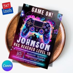 Video Game Birthday Invitation Template, Video Game Invitation, Neon Glow, Kid Invite, Boy Game Party, Boy Gamer Invitation, Editable Canva