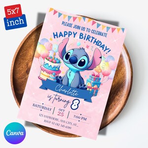 Editable Stitch Girls Birthday Invitation, Cute Stitch Birthday Party Invite, Stitch Birthday Invitation, Digital Kids Party Invite, Canva
