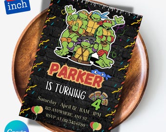 May include: A 5x7 inch invitation card featuring the Teenage Mutant Ninja Turtles. The design includes the text "Parker is Turning 4" with event details. The background is a black brick wall with colorful confetti and balloons.