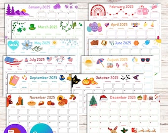 2025 Calendar Printable, Cute Kids Calendar 2025, Wall Calendar PDF, Editable Calendar, Kids Monthly Planner, Homeschool Calendars, Animated