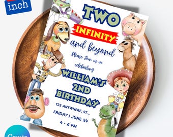 Toy Story-verjaardagsuitnodiging, bewerkbare Toy Story-uitnodiging, gepersonaliseerde Woody Buzz Jessie verjaardagsdownload, Two Infinity and Beyond