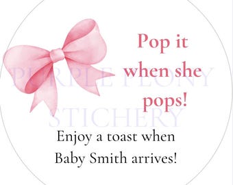 Pop it when she pops personalized Baby Shower Mini Champagne Bottle Favor Tag Prosecco Pink Bow Gift Tag Custom Baby Shower Gift Tag