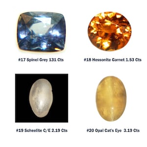 Może przedstawiać: Wyświetlono cztery kamienie szlachetne: kwadratowy, fasetowany szaro-niebieski spinel, okrągły, pomarańczowy granat hessonit, owalny, p&oacute;łprzezroczysty scheelit i owalne, ż&oacute;łte oko kota opalu. Każdy kamień jest oznaczony swoim rodzajem i wagą w karatach.