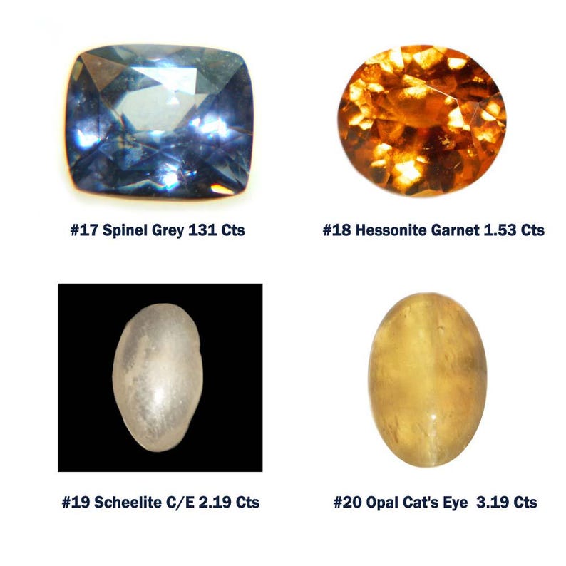 Może przedstawiać: Wyświetlono cztery kamienie szlachetne: kwadratowy, fasetowany szaro-niebieski spinel, okrągły, pomarańczowy granat hessonit, owalny, p&oacute;łprzezroczysty scheelit i owalne, ż&oacute;łte oko kota opalu. Każdy kamień jest oznaczony swoim rodzajem i wagą w karatach.