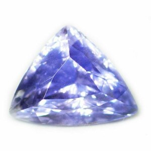 May include: A triangular cut gemstone with a purple hue and a faceted surface.