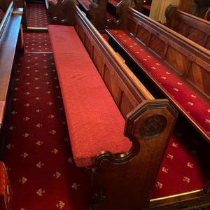 May include: Church pews made of dark wood, featuring red cushioned seating. The pews are arranged in rows, with a red carpet and a gold floral pattern. The wood has a dark finish.
