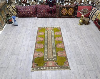Tappeto turco fatto a mano in lana: 4,3x2,3 piedi, arredamento boho vintage