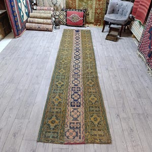 Vintage Turkish Rug Runner: Handmade Wool & Cotton Bohemian Decor (3x11 ft