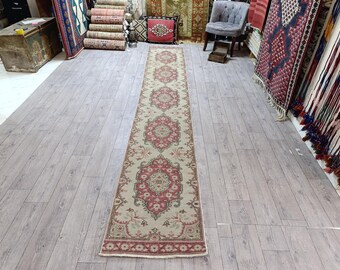 Turkish Vintage Runner Rug: Handmade Wool & Cotton Bohemian Decor 12.6x2.1 Ft