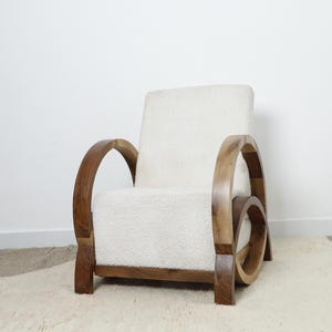 Handmade Bouclé Armchair: Modern Curved Wood Lounge Chair
