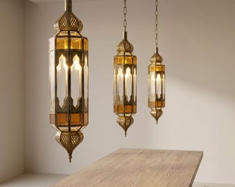 Marokańska lampa wisząca z bursztynowego szkła, wisząca lampa na łańcuchu