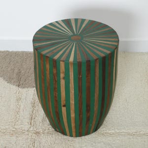 Handmade Bone Inlay Side Table – Modern Striped Accent Table – Green and Brown Round Drum Table – Moroccan Inspired End Table