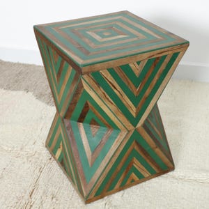 Handmade Bone Inlay Side Table – Modern Striped Accent Table – Green and Brown Square Table – Moroccan Inspired End Table