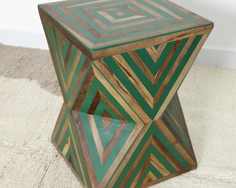 Handmade Bone Inlay Side Table: Green Striped Moroccan Accent