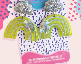 Rainbow Raver Neon Earrings | Statement Drop Rainbow Drop Stud Earrings, Rave, Glitter Nonsense, Neon, Handmade, Festival, Rainbows
