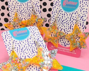 Super Star Rush Earrings | Glittercore Star Earrings, Resin Glitter Star Drop Earrings, Sterling Silver, Rave, Gifts, Star Hooks
