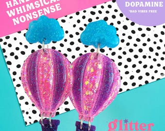 Hot Air Balloon Earrings | Whimsical, Handmade, Glitter Earrings. Cloud Earrings, Gifts, Jewellery, Cute, Glitter, Statement Earrings