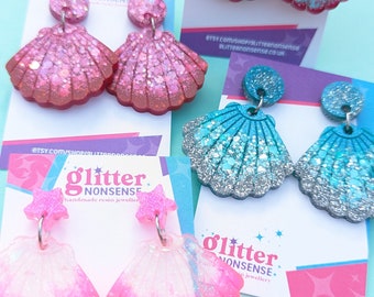 Mermaidcore Shell Yeah! Earrings | Handmade Glitter Seashell -  Shell Statement Earrings - Summer Earrings - Jewellery Gifts
