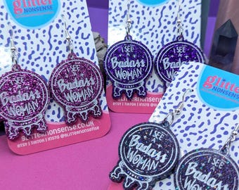 Crystal Ball "Badass Woman" Earrings | Spooky, Witchy, Boho, Handmade Earrings With Sterling Silver Hooks