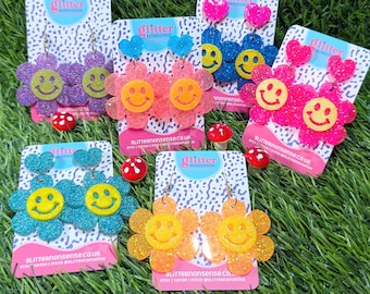 Rave Flower Smiley XL Earrings | Big Statement Earrings, Handmade Smiley Rave Earrings, Flower, Summer Of Love Earrings, Festivals, Gifts
