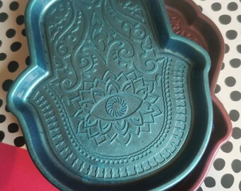 Handmade Hamsa Hand Trinket Dish, Resin Hamsa Trinket Tray Blue/Black Metallic Finish, Gifts For Her, Homewares, Trinket Dish