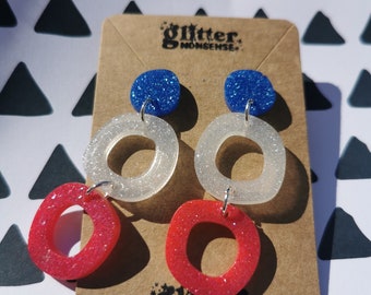 Extra Diva Earrings - Partriotic Kings Coronation Earrings - Statement Triple Drop Organic Circle Resin Earrings