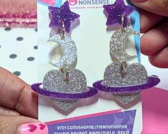 Cosmic Love Statement Earrings | Handmade Heart Earrings, Glitter Earrings, Celestial, Moon, Valentine's Day
