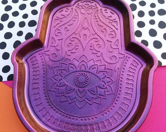 Handmade Hamsa Hand Trinket Dish, Resin Hamsa Trinket Tray Pink & Purple Metallic Finish, Homewares, Gifts For Her, Spiritual, Home