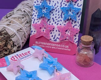 Shooting Star Drop Earrings, Glittercore Star Earrings, Unique, Glitter Stars, Drop Earrings, Pink and Blue Glitter Stud Earrings