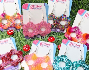 Flower Earrings On Sterling Silver Hooks. Bright & Colourful Glitter, 60s, Flower Power, Hippy, Spring Flowers, Kawaii, Cute, Gifts For Her
