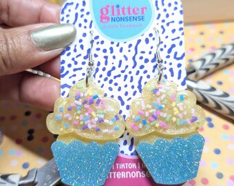 Birthday Girl Cupcake Earrings, Handmade Earrings, Statement Earrings, Resin Cupcake Earrings