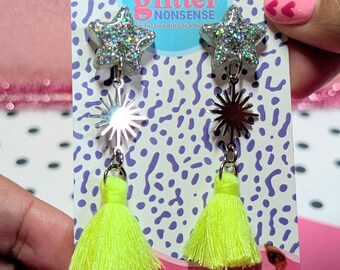 Neon Rave Tassel Earrings | Handmade Glittercore Cute Neon Tassel, Star & Charm Earrings, Statement Earrings
