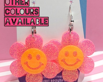 Large Happy Flower Earrings | Handmade Resin Rave Jewellery, Colourful, Dopamine