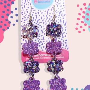 Daisy Drop Glitter Flower Earrings - Festivals, Gifts, Spring Pink, Purple, Silver Flower Earrings, Handmade Hippy Flower Power Earrings